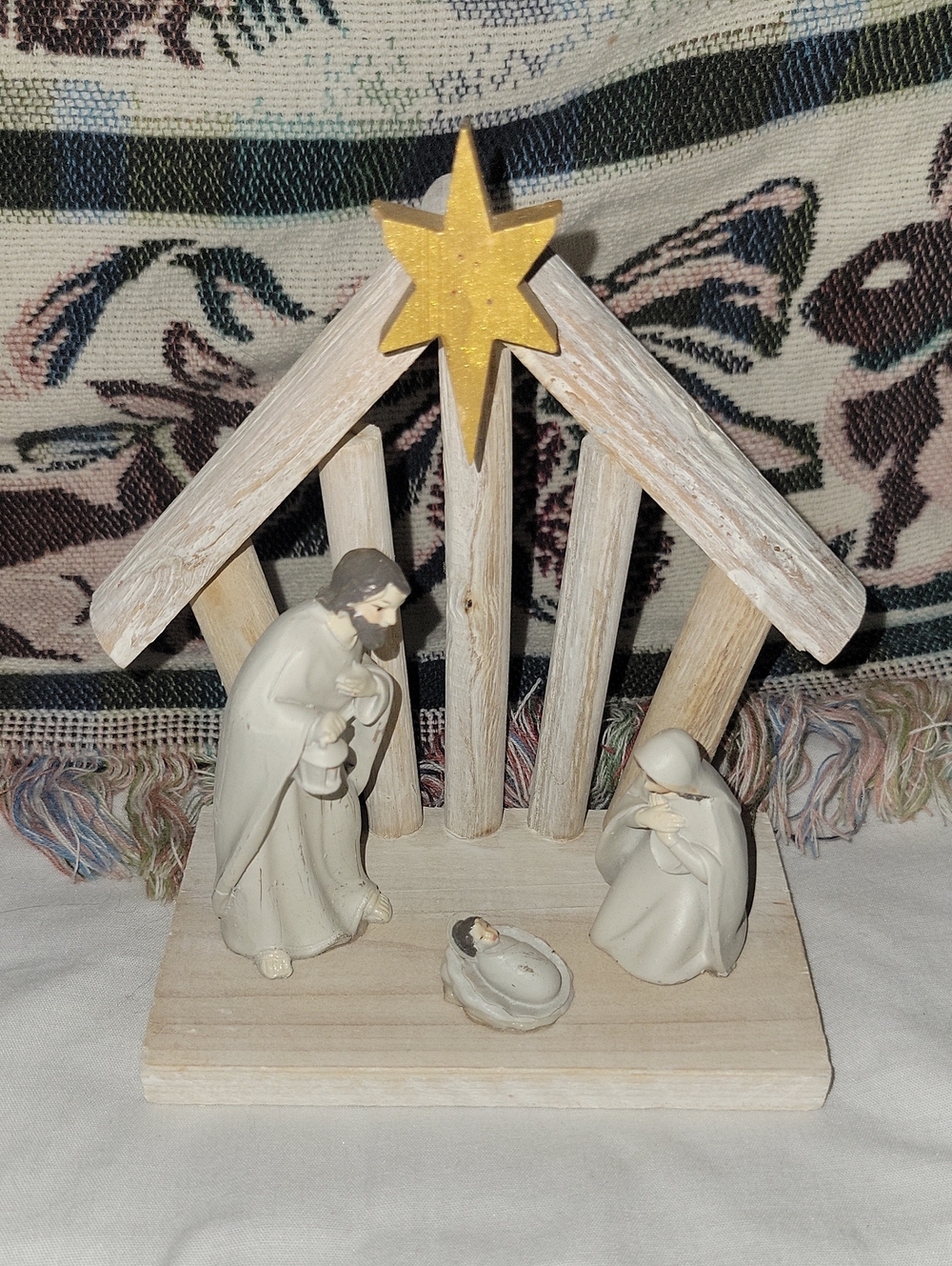 Neutral Wood Nativity Scene with Gold Star - Home Holiday